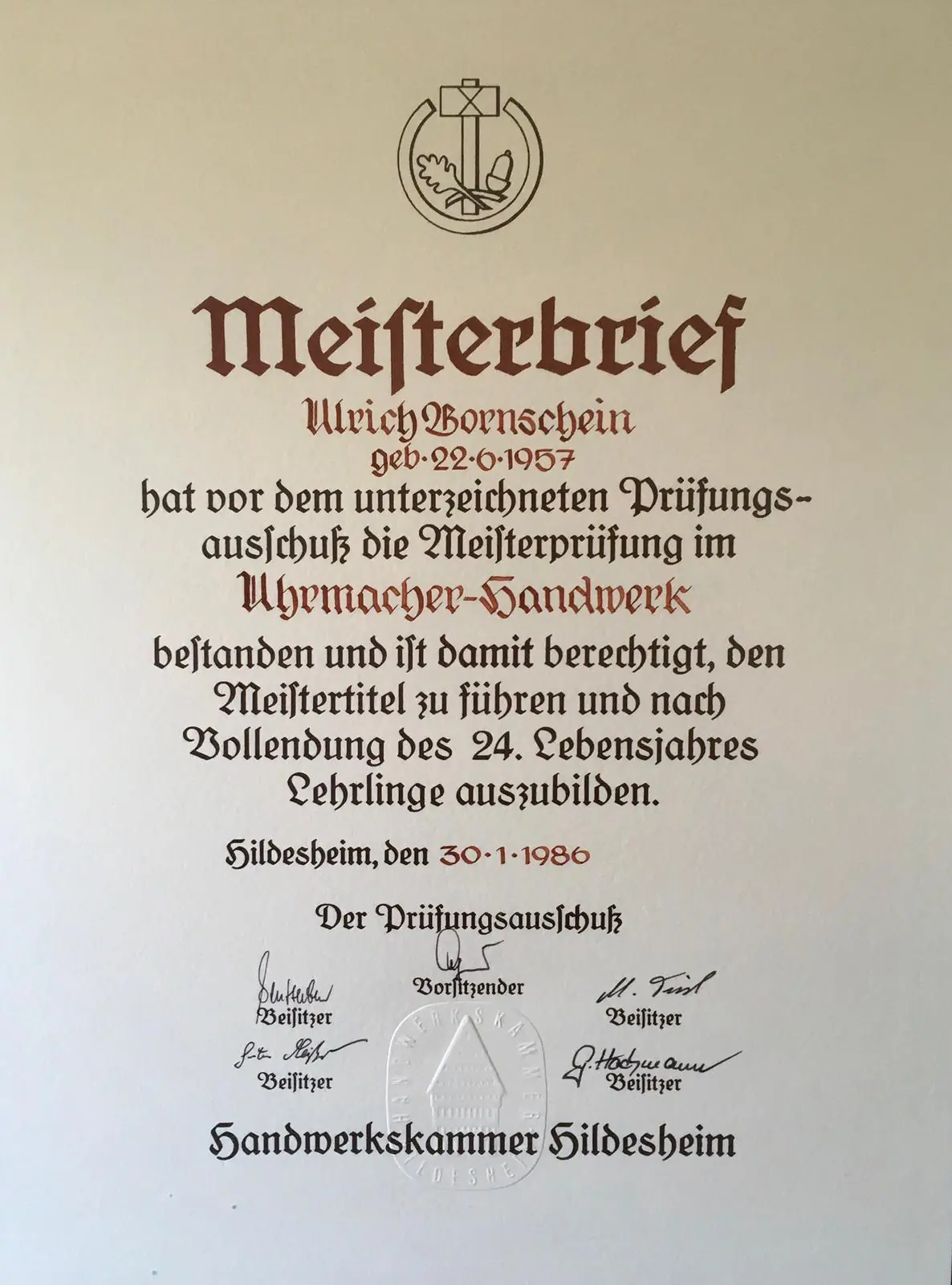 Meisterbrief Ulrich Bornschein